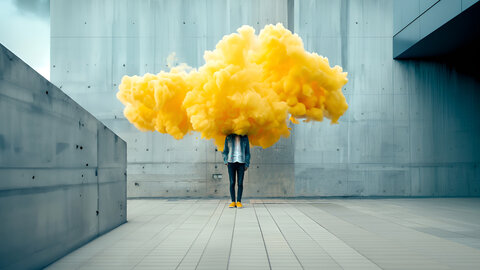 Das Bild zeigt ein Ganzkörperfoto einer Person, die zentriert vor einer grauen, sauberen Betonwand steht und deren Kopf von einer großen gelben Wolke umgeben ist.  | © wob AG