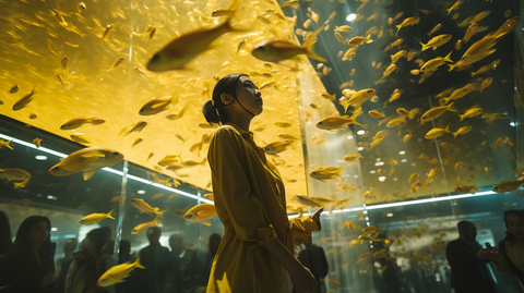 Dieses surreale Bild zeigt Menschen, die sich in einem holographischen Aquarium bewegen. Es sieht aus, als gingen die Menschen im Aquarium herum, während um sie herum gelbe Fische schweben.  Im vorderen Zentrum des Bildes steht eine junge Frau in einer gelben Bluse. | © wob AG