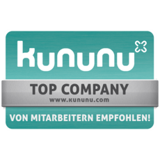 Zu sehen ist eine Auszeichnung von Kununu, die besagt: Top Company, www.kununu.com, von Mitarbeitern empfohlen.