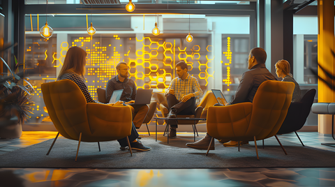 Zu sehen sind fünf Personen die in lockerer Gesprächsatmosphäre auf gelben Loungesesseln sitzen. Sie haben ihre Laptops auf dem Schoß und tragen Business Kleidung.  Hinter den Personen ist ein großes Fenster zu sehen, das gelbe Leuchtelemente enthält, die an Datenströme erinnern.