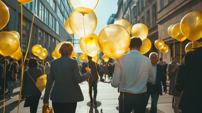 This picture shows a street in a large city. The street is full of business people who can be seen from behind, walking between tall buildings away from the camera towards the sunny horizon. They are holding lines of floating, transparent yellow balloons with numbers written on them. The balloons are illuminated by the sunlight.  | © wob AG