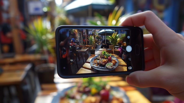 Shareability in B2B | © wob AG The photo shows a smartphone capturing a meal on a table in a restaurant. The dish is clearly visible on the smartphone screen, while the background around the smartphone is blurred. | © wob AG