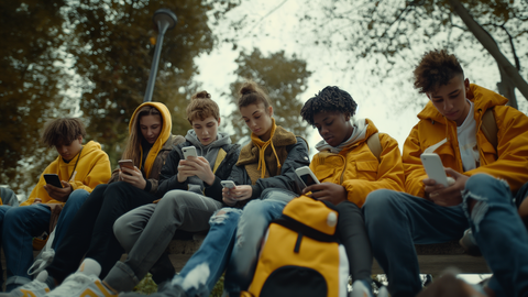 Eine Gruppe junger Menschen sitzt auf einer Bank unter freiem Himmel beisammen, jeweils auf das eigene Smartphone starrend. Einige der jungen Menschen tragen gelbe Jacken oder Accessoires. Im Hintergrund sind verschwommen grüne Baumkronen zu sehen. | © wob AG