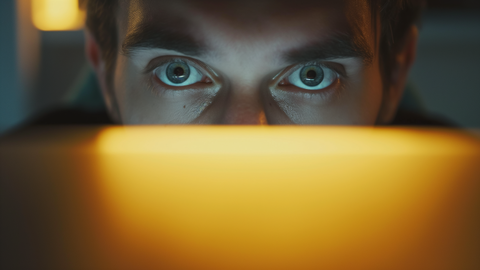 Nahaufnahme einer Person, die hinter einem gelben Monitor sitzt und intensiv schaut. Das Licht des Monitors spiegelt sich in ihrem Gesicht wider. | © wob AG