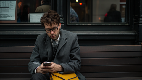 Ein Mann im Anzug sitzt auf einer Bank in einem Wartebereich und starrt auf sein Smartphone. Er trägt eine kleine gelbe Tasche bei sich. | © wob AG