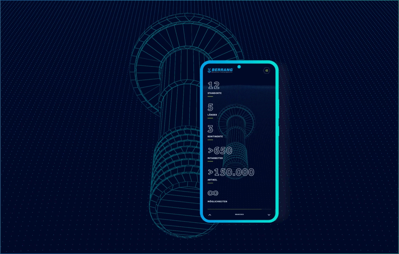 Auf einem Smartphone Screen ist ein Ausschnitt der neuen Berrang-Website zu sehen. Bei dem Ausschnitt handelt es sich um die Facts & Figures. Zu lesen ist hier: 12 Standorte, 5 Länder, 3 Kontinente, über 650 Mitarbeiter, über 150000 Artikel, unendliche Möglichkeiten. Im dunkelblauen Hintergrund des Bildes ist eine Schraube in Mesh-Optik zu sehen. | © wob AG