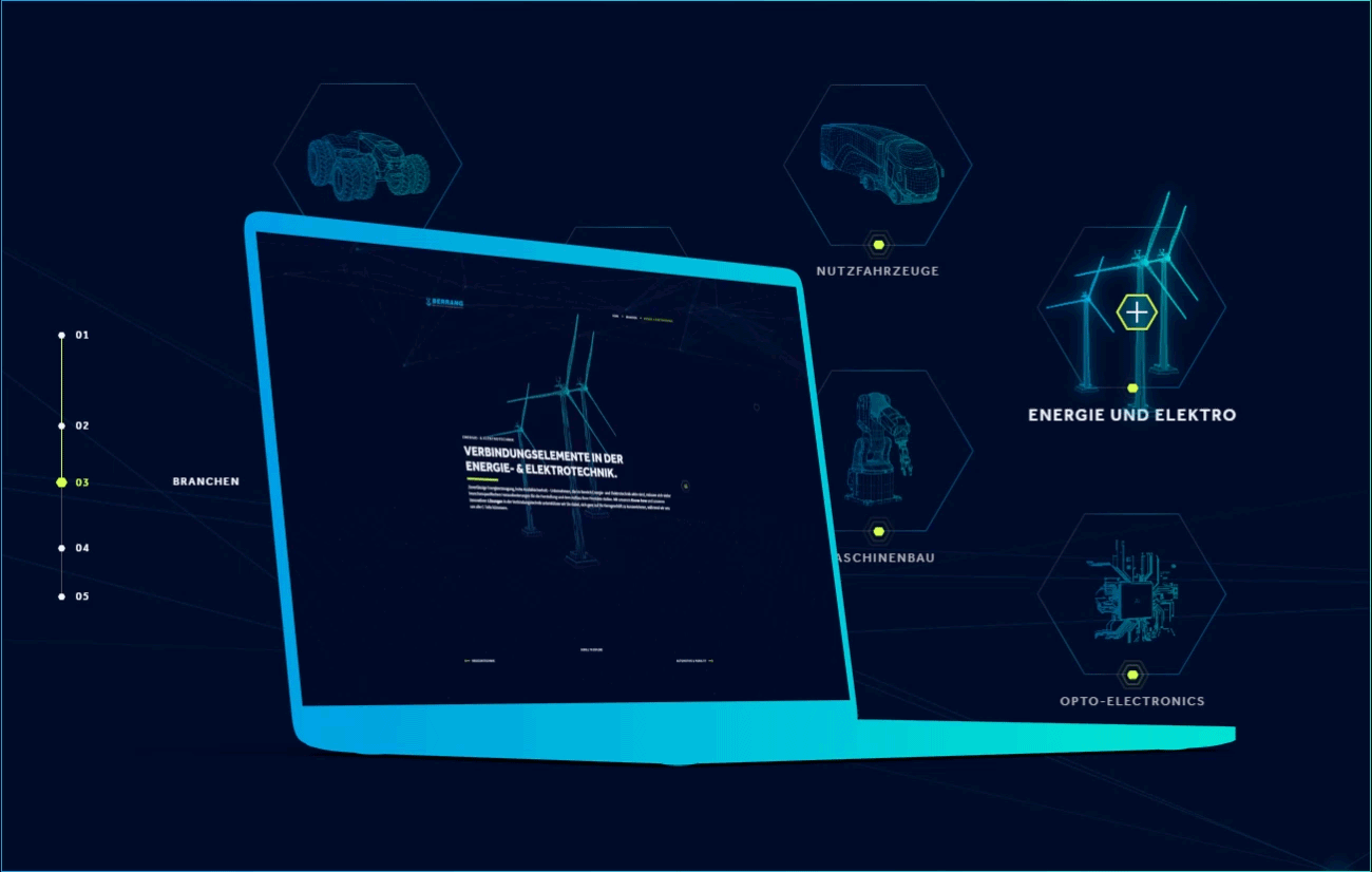 Auf einem Notebook-Screen ist ein Ausschnitt der neuen Berrang Website zu sehen. Auf dem Ausschnitt zu lesen ist die Headline „Verbindungselemente in der Energie- & Elektrotechnik“. Darunter folgt ein kurzer Text. Im Bildhintergrund ist auf Dunkelblau ebenfalls ein Ausschnitt der Website zu sehen. Dieser Zeigt den Abschnitt Branchen. | © wob AG