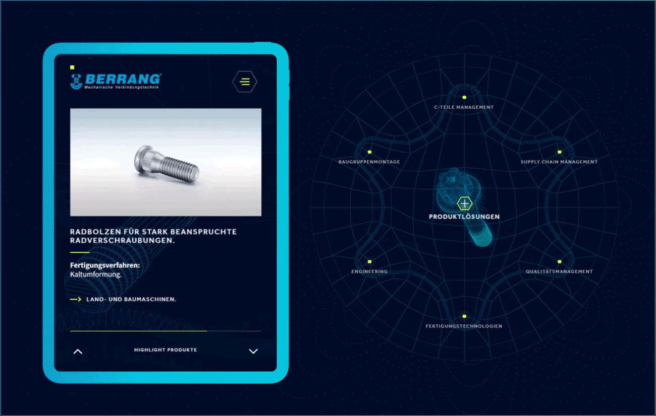  Auf dem Bild ist links ein Tablett zu sehen, das ein Ausschnitt der Berrang Website zeigt. Rechts daneben ist auf dunkel blauem Hintergrund ebenfalls ein Teil der Website zu sehen, jedoch ohne Mockup außenherum. | © wob AG