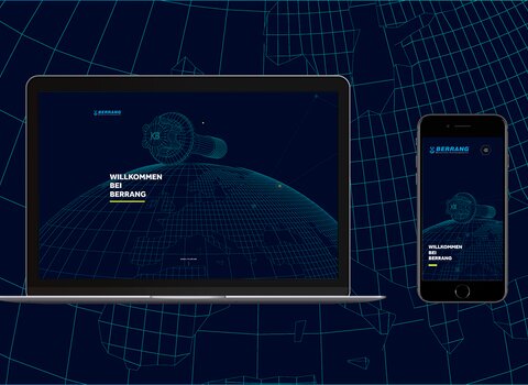 You can see a laptop and a smartphone, each showing the home screen of Berrang's new website - one in desktop view and one in mobile view. The website is in dark blue. The words "Welcome to Berrang" are emblazoned on the screen in white letters. The background of the website shows half a globe in a mesh look, with a screw above it, also in a mesh look. The background of the image is dark and has a similar look to the website's home screen. | © wob AG