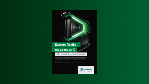 This image shows a 1/1 advert as an example of communication measures for the launch of the mega macs X product. It shows the black mega macs X with its characteristic green design element on a black background. The headline reads "Extremely flexible: mega macs X" in line with the product's launch positioning. 