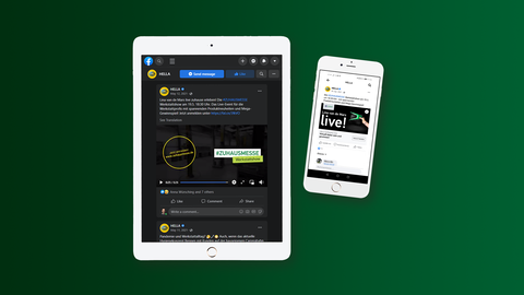Here you can see a tablet and a smartphone with examples of advance communication for the digital live event #Zuhausmesse