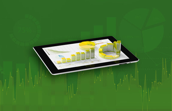 Zu sehen ist ein Tablet, aus welchem in dreidimensionaler Darstellung verschiedene Kuchen- und Balkendiagramme in die Höhe wachsen. Die Diagramme auf dem Tablet sind in Gelb und Grün gehalten. Der Bildhintergrund hinter dem Tablet ist ebenfalls grün und zeigt zweidimensionale Graphen. | © wob AG