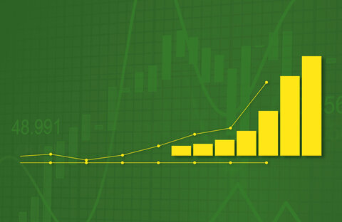 You can see a simple yellow bar chart without context information on a green background. The bars increase in size from left to right. | © wob AG