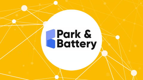 Das Logo von Park & Battery steht in der Mitte auf einem weißen Kreis. Dahinter ist ein gelber Hintergrund mit einem weißen Netzwerk mit Knotenpunkten.